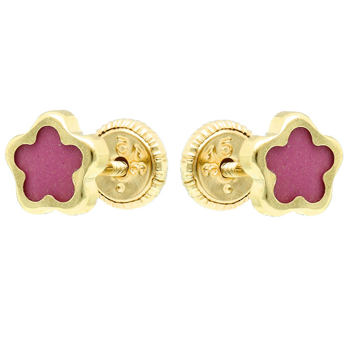 PENDIENTES EN ORO AMARILLO DE 9 QUILATES MARGARITA ESMALTE ROSA RIBETE ORO